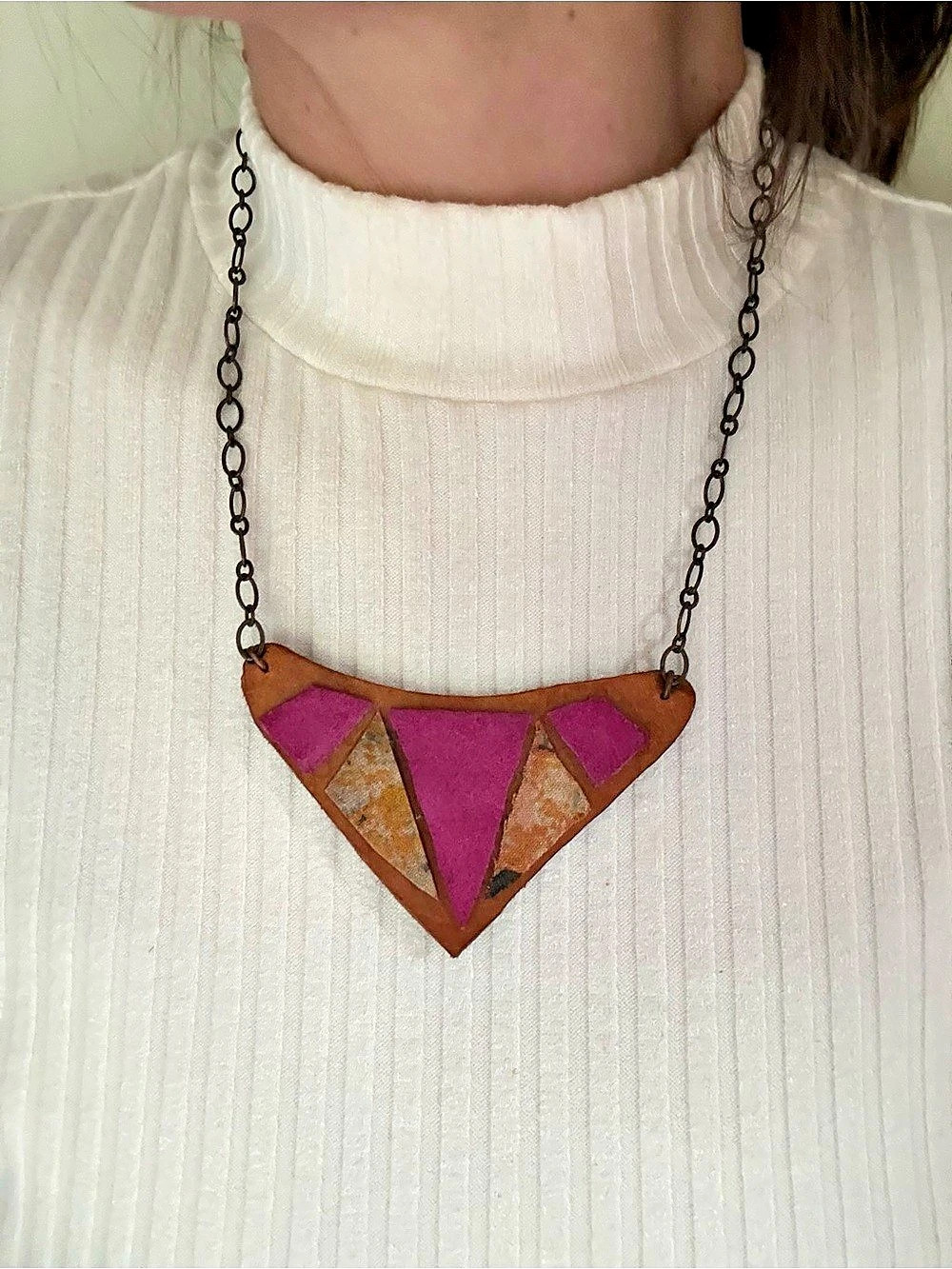 Leather Geometric Pendant Necklace in Brown & Pink, OOAK
